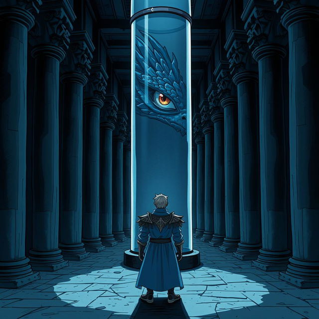 In an anime style, hand-drawn image of a dark room filled with eerie columns