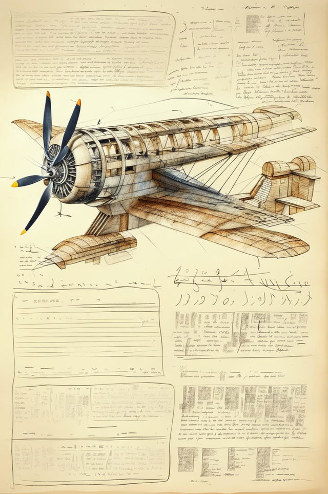 A high-quality pencil sketch of an airplane designed in the style of Leonardo da Vinci