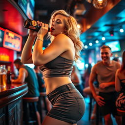 A beautiful, sexy, curvy blonde girl with an innocent charm is wearing tight shorts and a fitted tank top, accentuating her voluptuous figure as she chugs a bottle of beer at a bustling bar