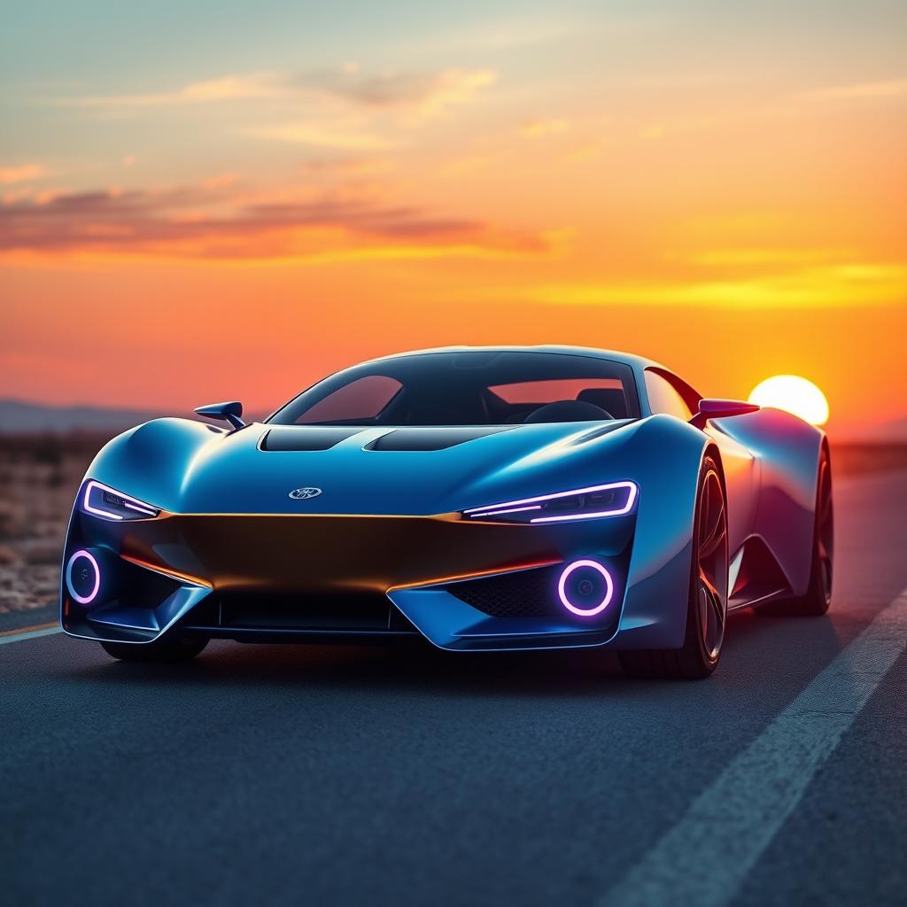 A sleek, modern futuristic car with an electric blue and golden color scheme on a deserted road during a beautiful sunset