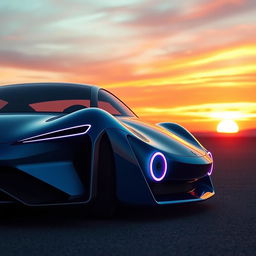 A sleek, modern futuristic car with an electric blue and golden color scheme on a deserted road during a beautiful sunset