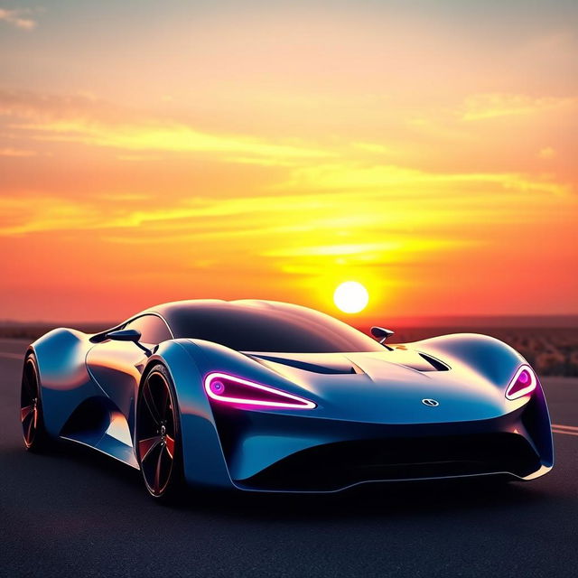 A sleek, modern futuristic car with an electric blue and golden color scheme on a deserted road during a beautiful sunset