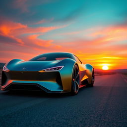 A sleek, modern futuristic car with an electric blue and golden color scheme on a deserted road during a beautiful sunset