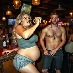 A beautiful, curvy, sexy blonde woman with an innocent appearance is at a bar, wearing tight shorts and a snug tank top that highlight her voluptuous figure and her round pot belly