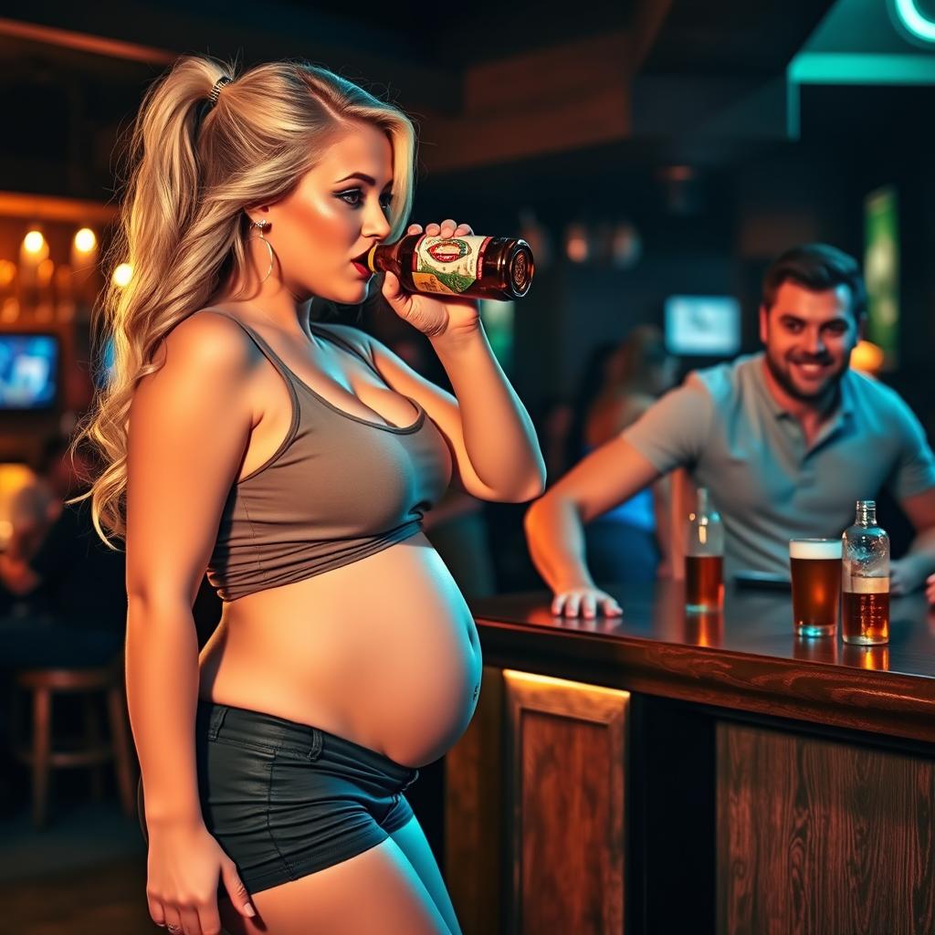 A beautiful, curvy, sexy blonde woman with an innocent appearance is at a bar, wearing tight shorts and a snug tank top that highlight her voluptuous figure and her round pot belly