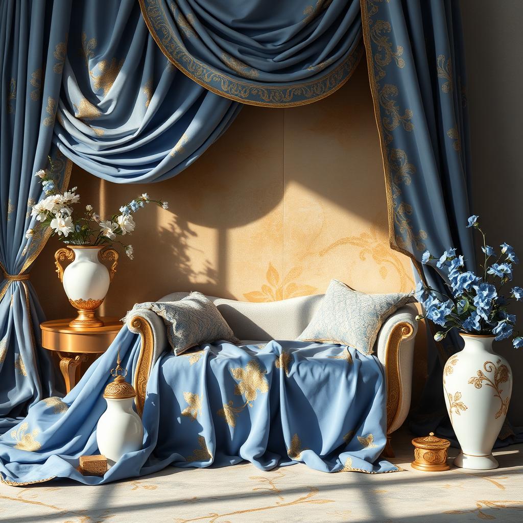 An elegant and luxurious scene featuring a harmonious blend of blue, gold, and white colors