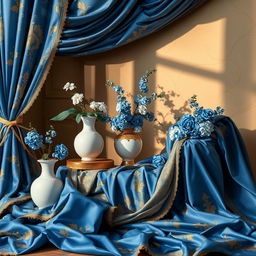 An elegant and luxurious scene featuring a harmonious blend of blue, gold, and white colors