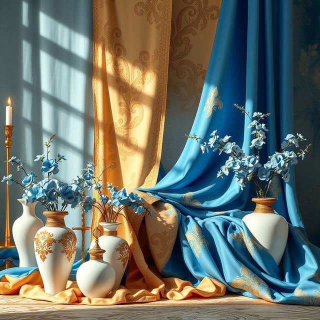 An elegant and luxurious scene featuring a harmonious blend of blue, gold, and white colors