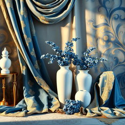 An elegant and luxurious scene featuring a harmonious blend of blue, gold, and white colors