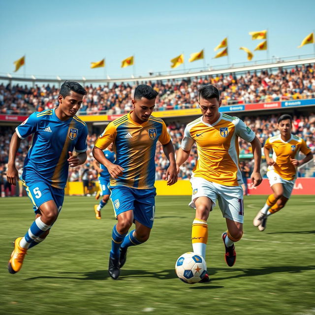 A dynamic scene capturing an intense moment in a football match featuring players dressed in striking blue, gold, and white jerseys