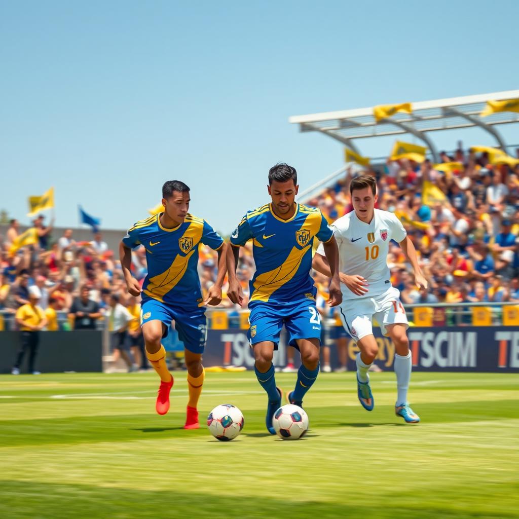 A dynamic scene capturing an intense moment in a football match featuring players dressed in striking blue, gold, and white jerseys