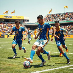 A dynamic scene capturing an intense moment in a football match featuring players dressed in striking blue, gold, and white jerseys