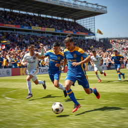 A dynamic scene capturing an intense moment in a football match featuring players dressed in striking blue, gold, and white jerseys