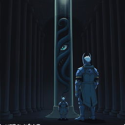 In a hand-drawn anime style, depicting a dark room filled with eerie, plain black columns