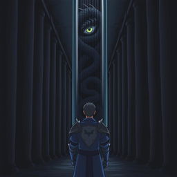 In a hand-drawn anime style, depicting a dark room filled with eerie, plain black columns