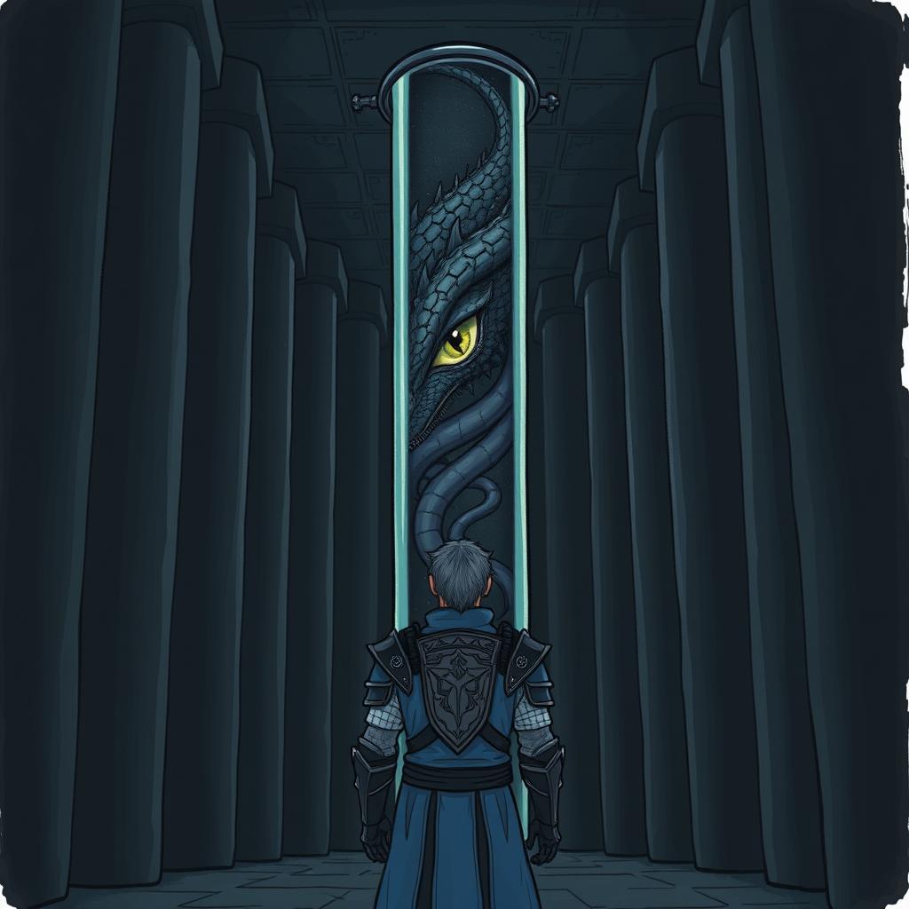 In a hand-drawn anime style, depicting a dark room filled with eerie, plain black columns