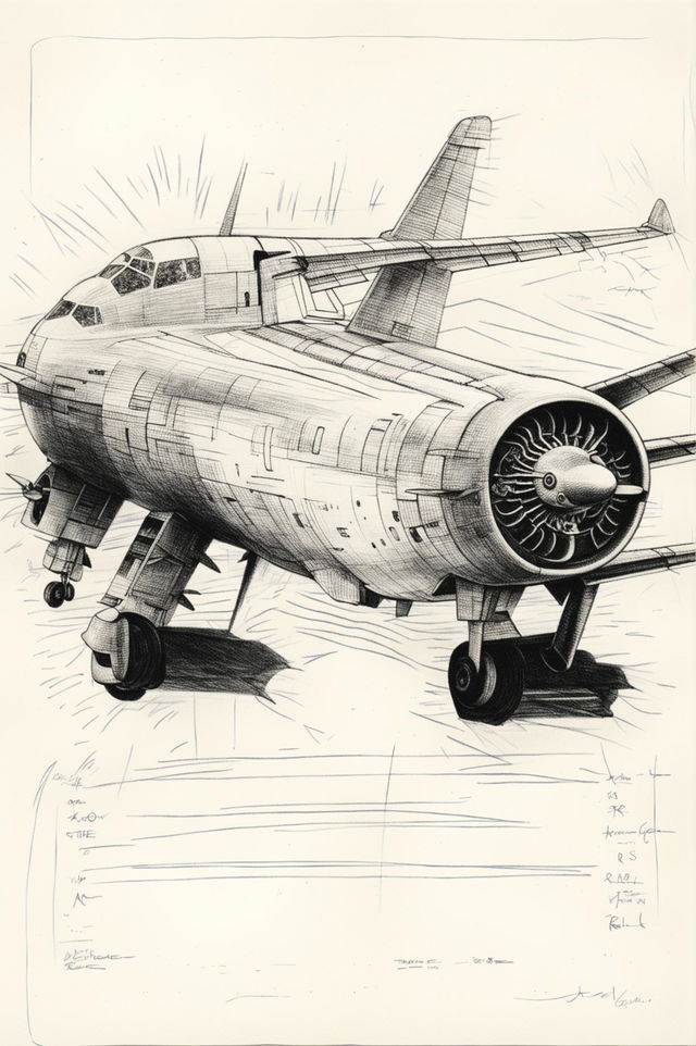 A high-quality ballpoint pen sketch featuring a detailed depiction of an airplane mid-flight