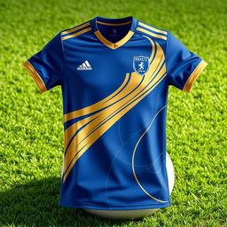A stylish and modern football jersey featuring a predominant blue color with elegant gold accents and white details