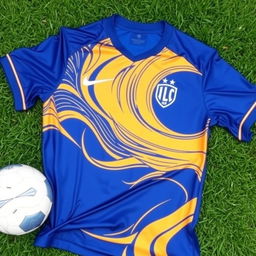 A stylish and modern football jersey featuring a predominant blue color with elegant gold accents and white details