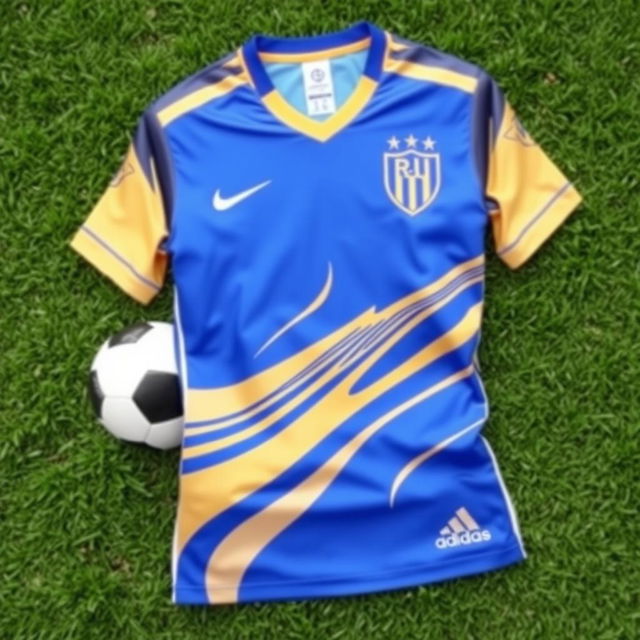 A stylish and modern football jersey featuring a predominant blue color with elegant gold accents and white details