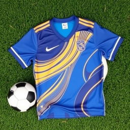 A stylish and modern football jersey featuring a predominant blue color with elegant gold accents and white details