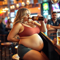 A beautiful, sexy, curvy blonde girl with an innocent demeanor is chugging a bottle of beer while sitting at a bar