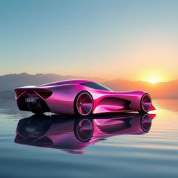 A digital rendering of a sleek, futuristic sports car in a metallic pink color, featuring large, circular wheels that reflect beautifully in the water below
