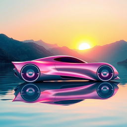A digital rendering of a sleek, futuristic sports car in a metallic pink color, featuring large, circular wheels that reflect beautifully in the water below