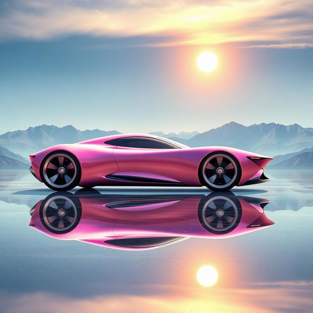 A digital rendering of a sleek, futuristic sports car in a metallic pink color, featuring large, circular wheels that reflect beautifully in the water below