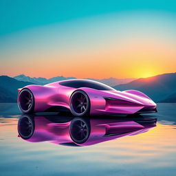 A digital rendering of a sleek, futuristic sports car in a metallic pink color, featuring large, circular wheels that reflect beautifully in the water below