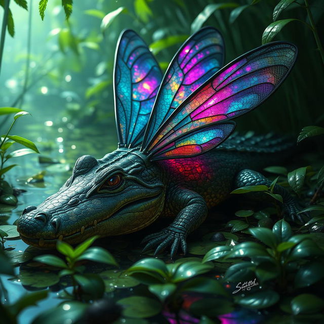 A captivating crocodile-dragonfly hybrid creature, featuring the robust body of a crocodile adorned with stunning dragonfly wings that shimmer with iridescent hues