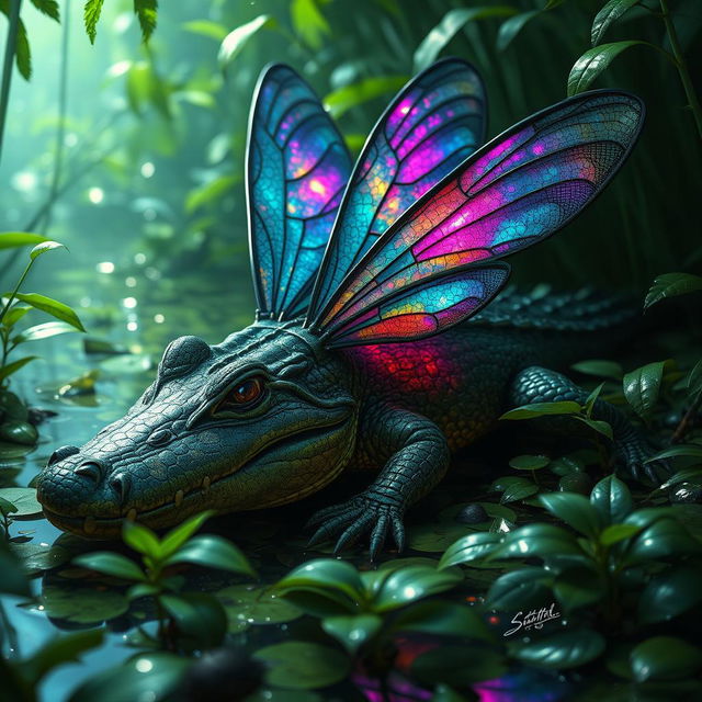 A captivating crocodile-dragonfly hybrid creature, featuring the robust body of a crocodile adorned with stunning dragonfly wings that shimmer with iridescent hues