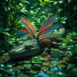 A captivating crocodile-dragonfly hybrid creature, featuring the robust body of a crocodile adorned with stunning dragonfly wings that shimmer with iridescent hues