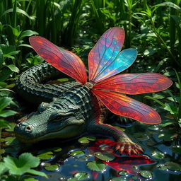 A captivating crocodile-dragonfly hybrid creature, featuring the robust body of a crocodile adorned with stunning dragonfly wings that shimmer with iridescent hues