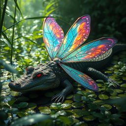 A captivating crocodile-dragonfly hybrid creature, featuring the robust body of a crocodile adorned with stunning dragonfly wings that shimmer with iridescent hues