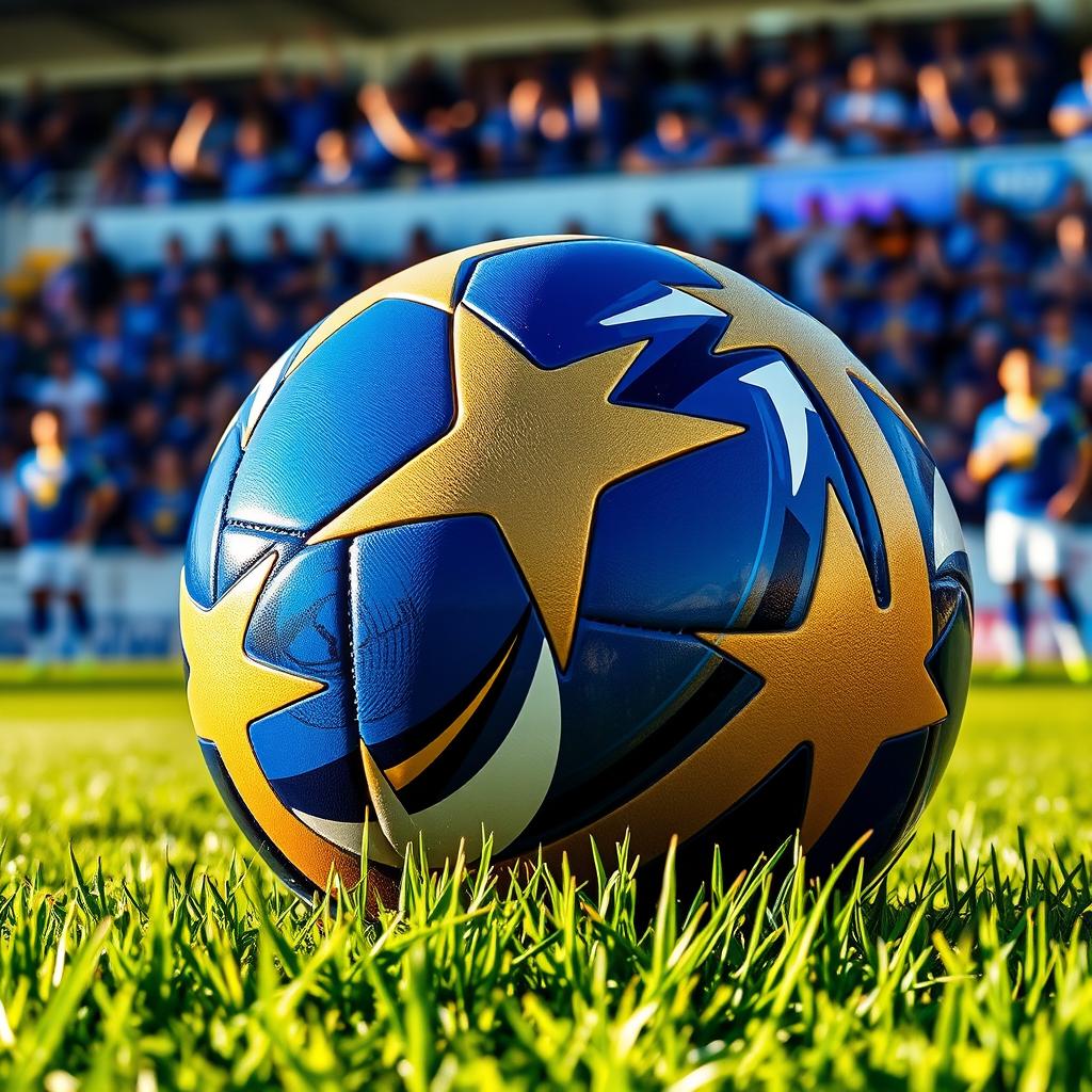 A striking image of a blue, gold, and white football (soccer ball) resting on a lush green grass field