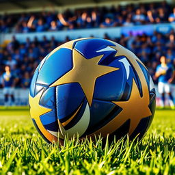 A striking image of a blue, gold, and white football (soccer ball) resting on a lush green grass field