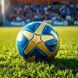 A striking image of a blue, gold, and white football (soccer ball) resting on a lush green grass field