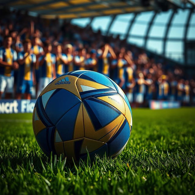 A striking image of a blue, gold, and white football (soccer ball) resting on a lush green grass field