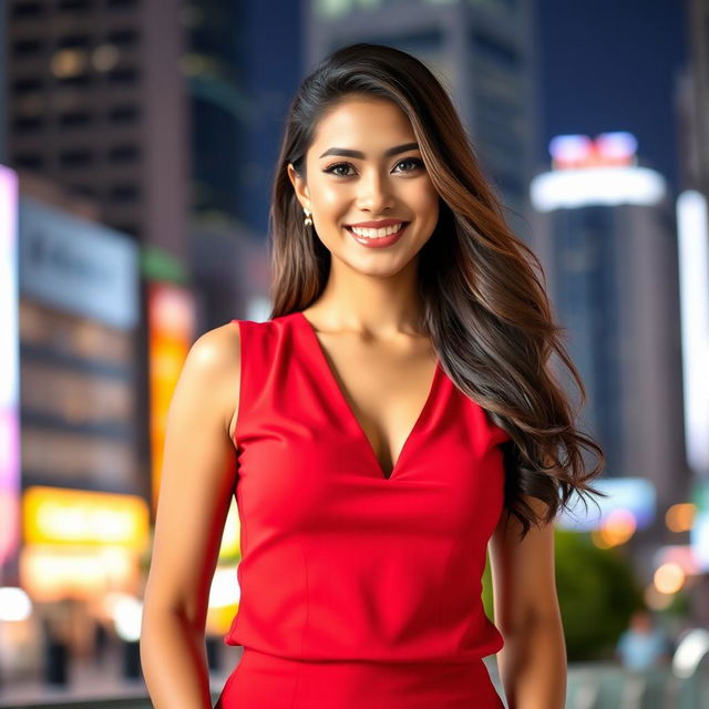 A confident young woman wearing a stylish red sleeveless blouse that accentuates her figure, featuring large breasts