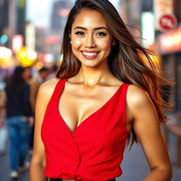 A confident young woman wearing a stylish red sleeveless blouse that accentuates her figure, featuring large breasts