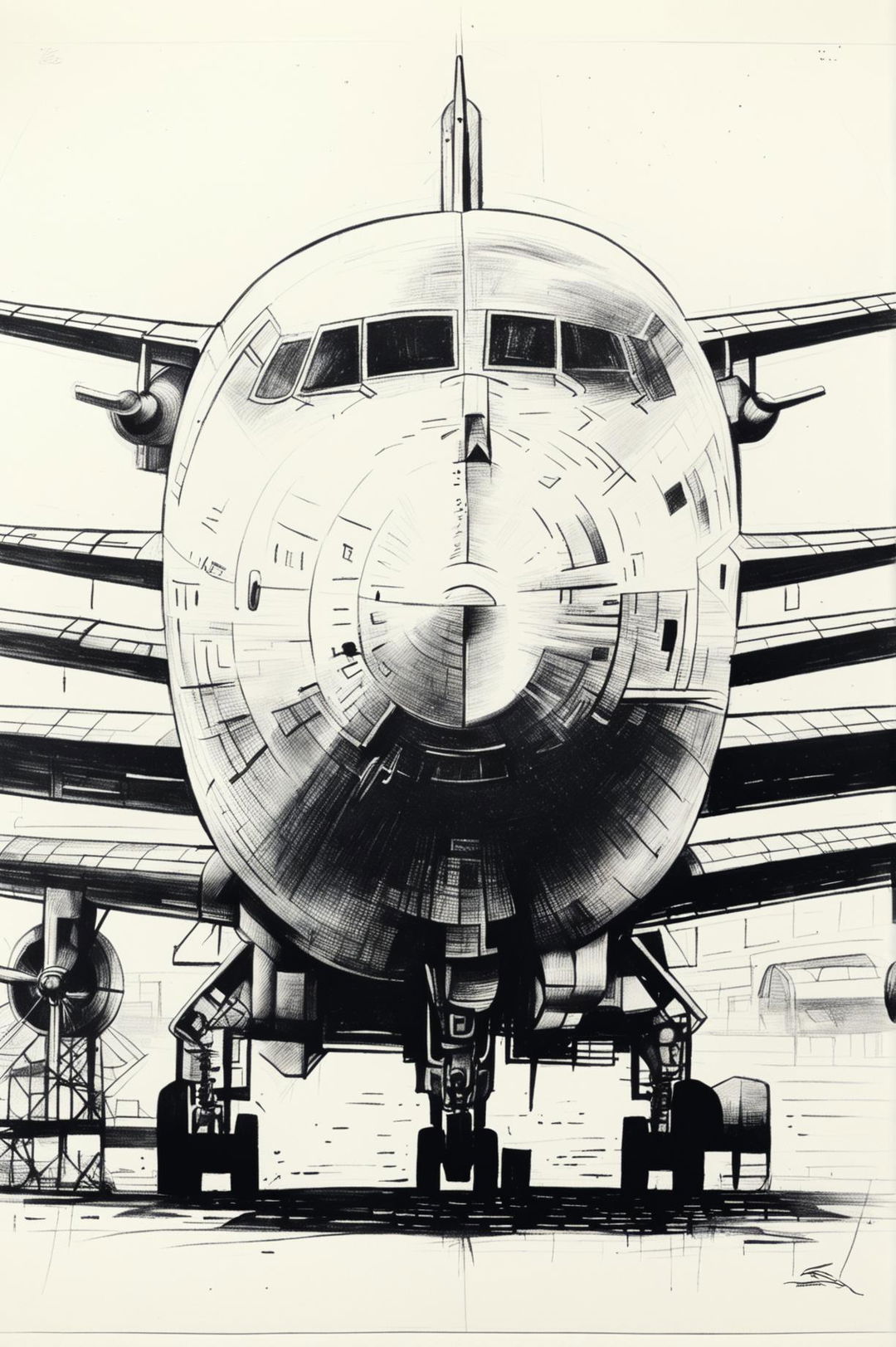 A high-quality pen and ink sketch focusing on a close-up view of the nose of an airplane