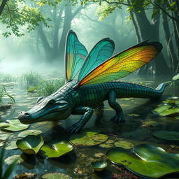 A fantastical crocodile-dragonfly hybrid creature, featuring the body of a crocodile adorned with vibrant iridescent scales that shimmer in shades of green and blue