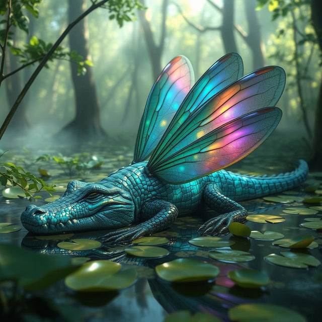 A fantastical crocodile-dragonfly hybrid creature, featuring the body of a crocodile adorned with vibrant iridescent scales that shimmer in shades of green and blue