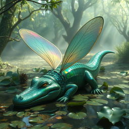 A fantastical crocodile-dragonfly hybrid creature, featuring the body of a crocodile adorned with vibrant iridescent scales that shimmer in shades of green and blue
