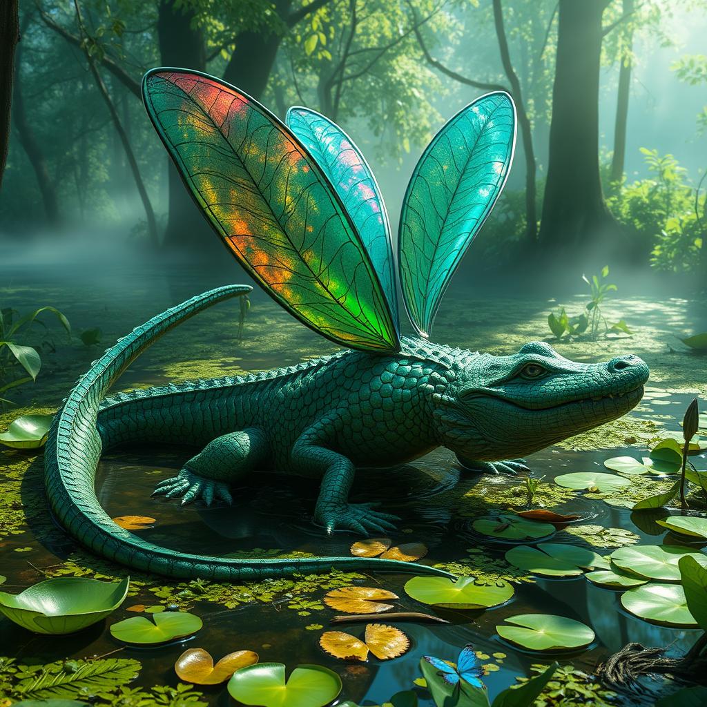 A fantastical crocodile-dragonfly hybrid creature, featuring the body of a crocodile adorned with vibrant iridescent scales that shimmer in shades of green and blue