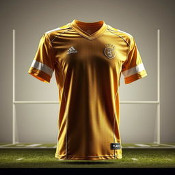 A stunning depiction of a gold and white football jersey displayed elegantly against a neutral background
