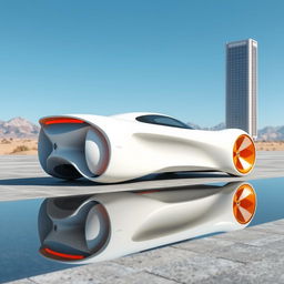 A 3D rendering of a futuristic car in a clean white color featuring a sleek and aerodynamic design