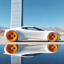 A 3D rendering of a futuristic car in a clean white color featuring a sleek and aerodynamic design