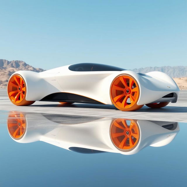 A 3D rendering of a futuristic car in a clean white color featuring a sleek and aerodynamic design